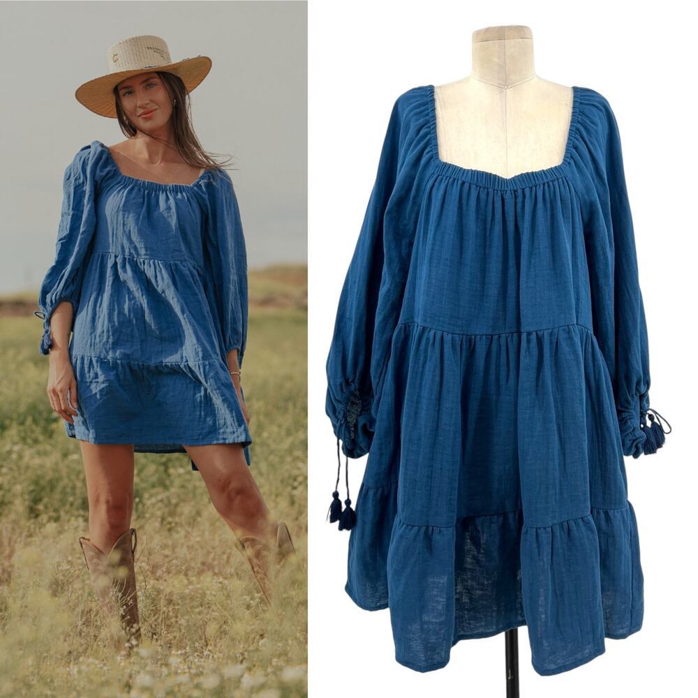 Cleobella Neha Mini Dress Blue Long Sleeve Tasseled Cotton Size Medium